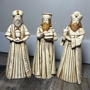 Vintage Japan Hand Made Wise Men 3 Pc Figurine Set Nativity White Gold 1960s